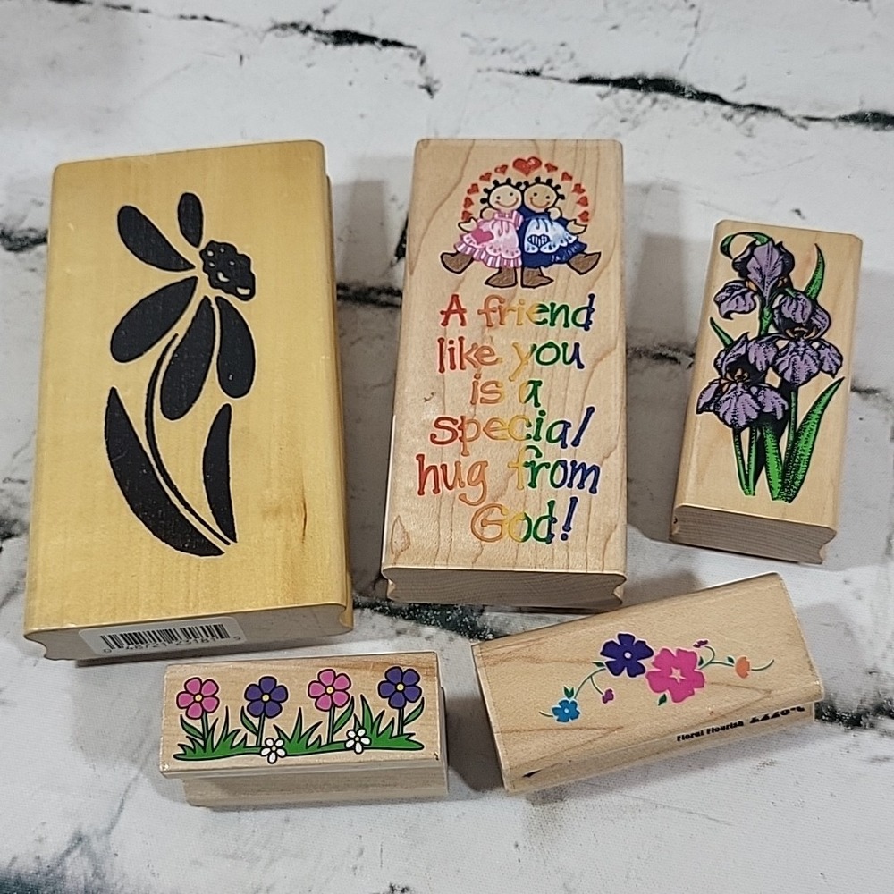 Rubber Stamps Spring Flowers Friendship Lot Of 5 Wood Mounted Crafts